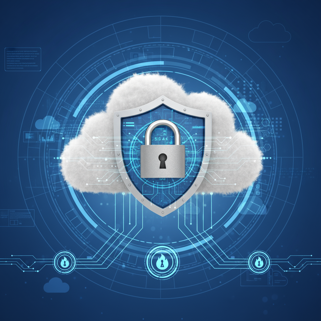 Cloud security and data protection concept with shield and lock, cybersecurity, digital encryption, cloud computing safeguarding sensitive information, futuristic tech background.
