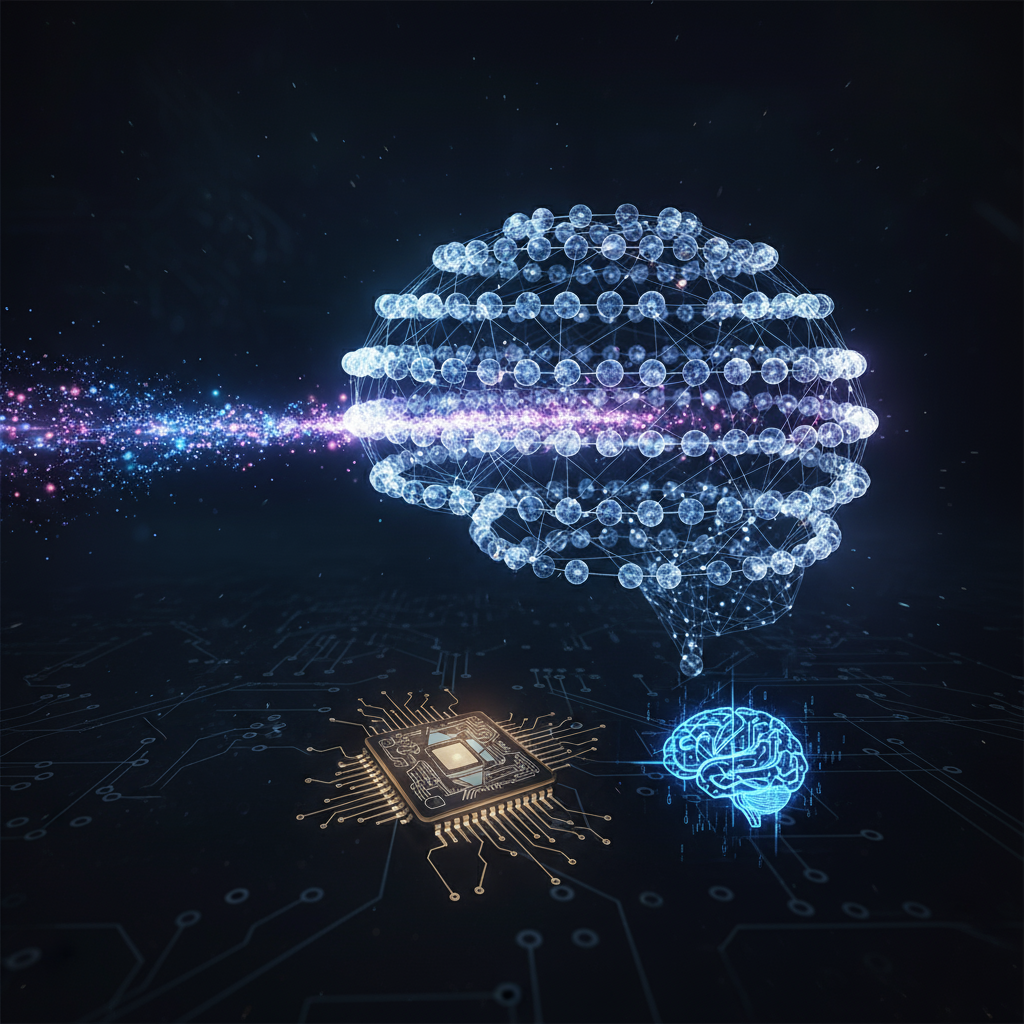 Quantum computing and artificial intelligence data integration visualization with digital brain and microchip.
