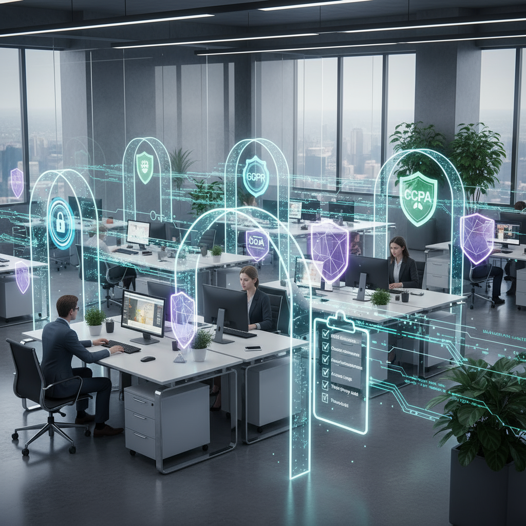 Cybersecurity digital security data protection network safety holographic security icons in modern office environment.