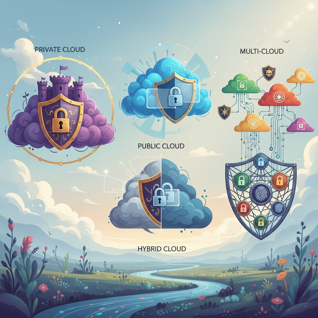 Cloud data security and cloud computing environment with private, public, hybrid, and multi-cloud models, emphasizing security, data protection, and cloud architecture for enterprises.