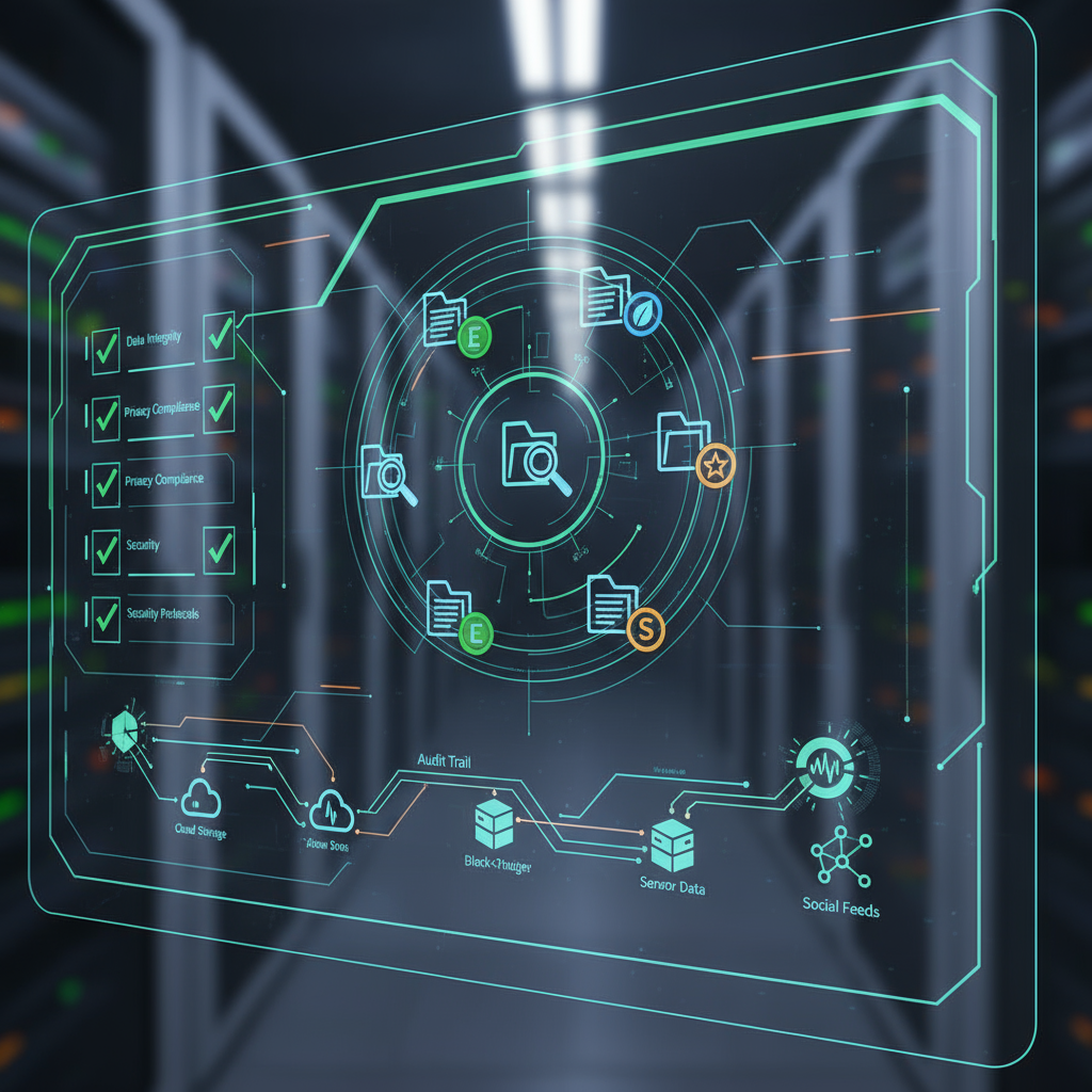 Cloud data security and analytics management interface in data center, digital data protection, cyber security technology, real-time data monitoring, secure data handling.