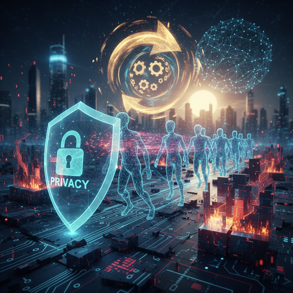 Cybersecurity and data privacy concepts with digital human figures, shield with lock, and technological data visualization, representing secure data management and privacy protection.