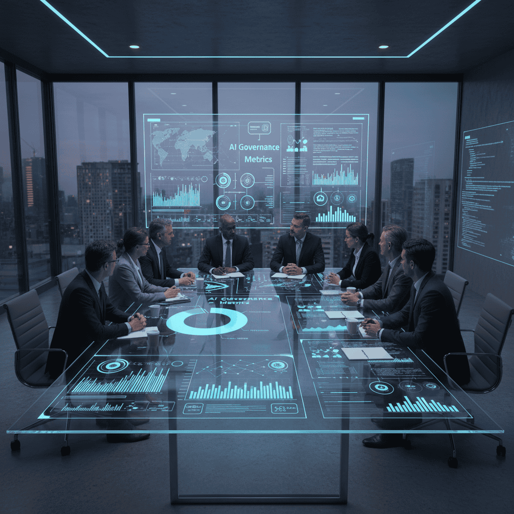 AI Governance Metrics technology meeting with professionals in a modern conference room with digital data displays for business and data analysis.