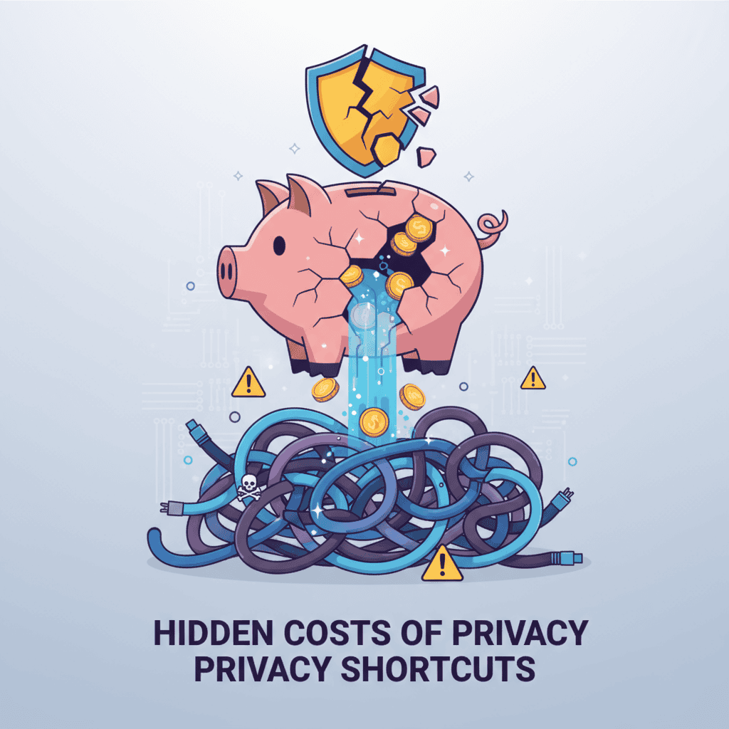 Shattered shield above piggy bank representing cybersecurity breaches and hidden privacy costs with tangled cords and warning signs.
