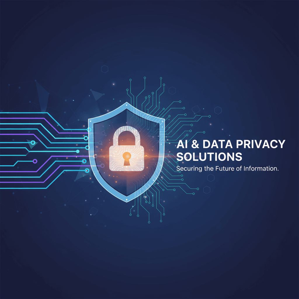 AI and data privacy solutions shield with lock and shield graphic, emphasizing cybersecurity, data protection, and AI-driven privacy strategies for secure information management.