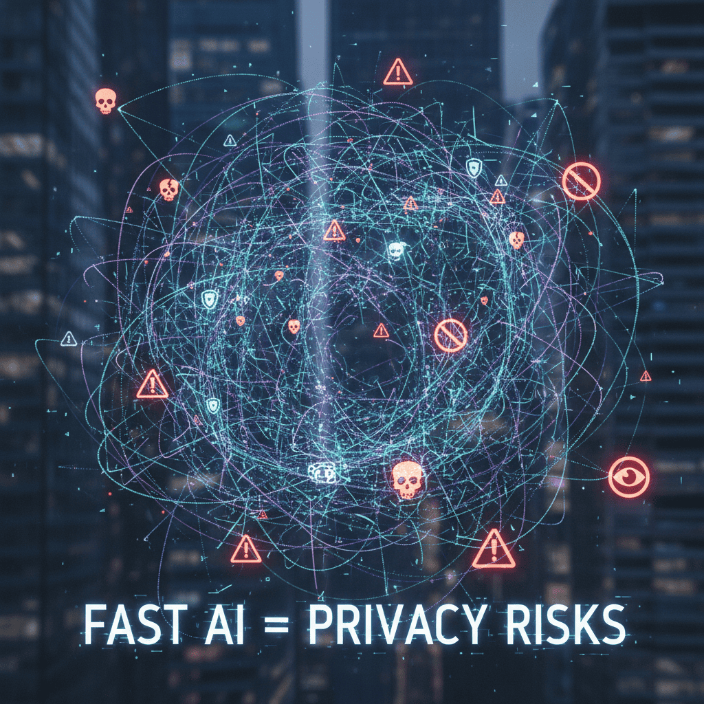 AI cybersecurity risk visualization with warning icons, skulls, and alert symbols representing privacy threats in digital networks.