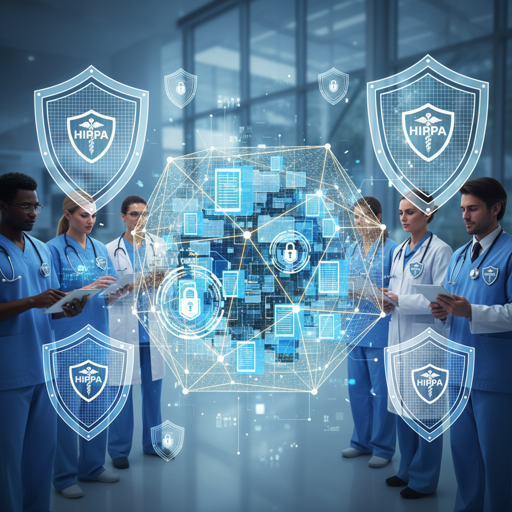 Protecting healthcare data with HIPPA security measures and advanced cybersecurity solutions.