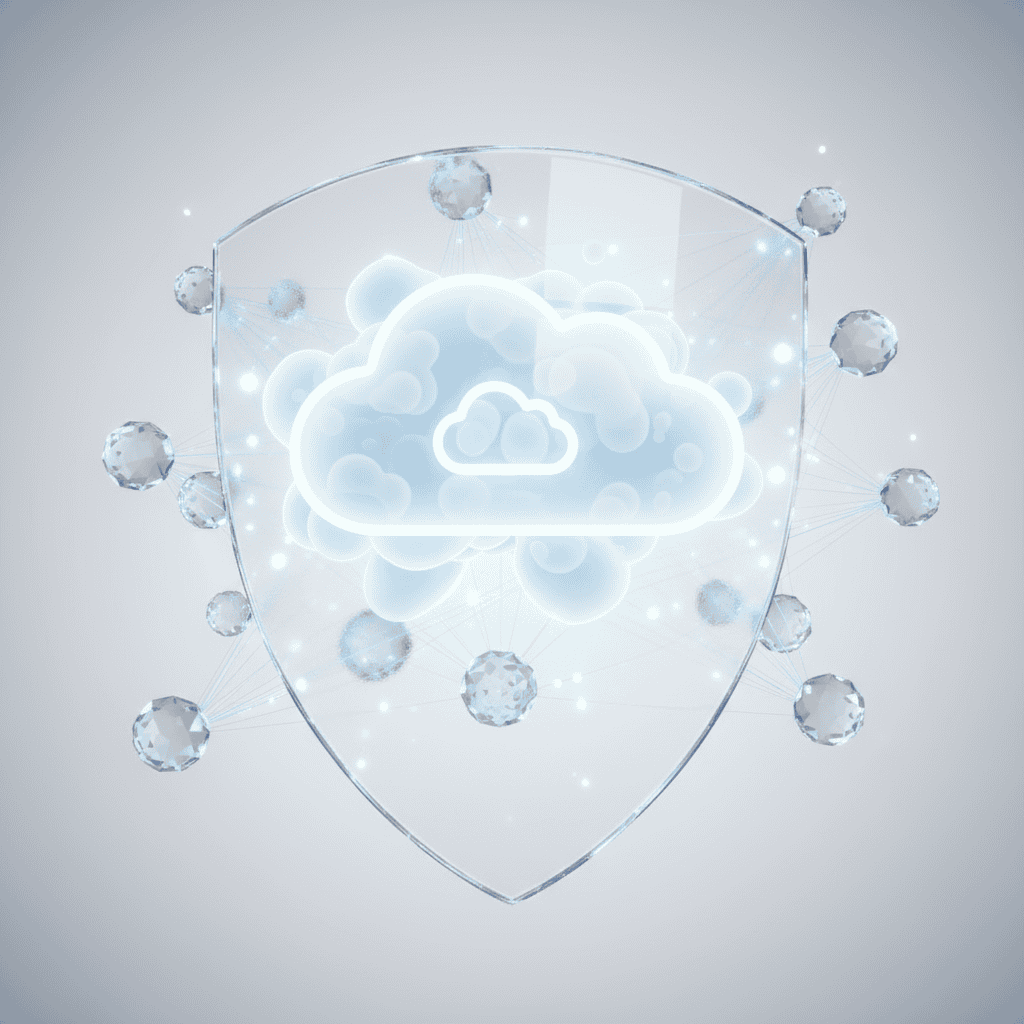 Cloud data security and cloud computing protection with digital shield graphics.