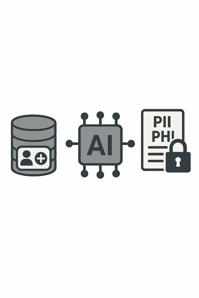 Database icon with user profile, AI chip representing artificial intelligence, and secured data encryption symbol, illustrating C² Data Technology's expertise in AI-driven data privacy and secure data management solutions.