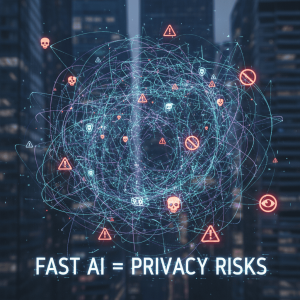 AI cybersecurity risk visualization with warning icons, skulls, and alert symbols representing privacy threats in digital networks.